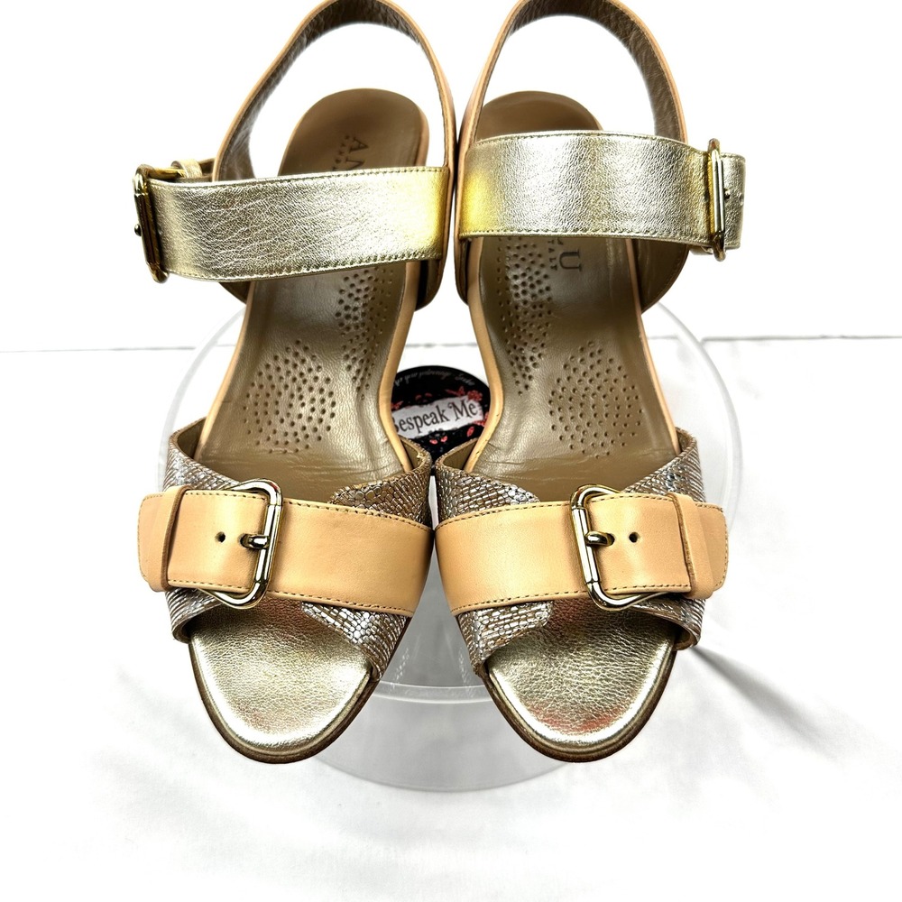 VTG Anyi Lu Italian Leather Metallic Snakeskin Wedge Sandals Womens 36 Gold Tan